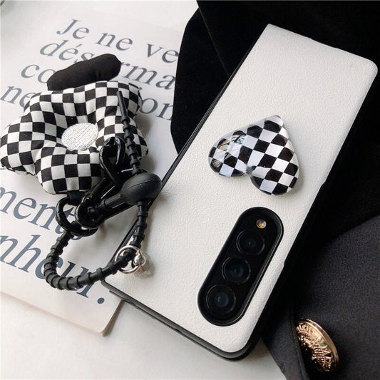Retro Checkerboard Pattern Crystal Clear Heart PU Leather Phone Case For Samsung Galaxy Z Fold 4