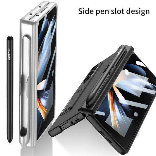 Pen Slot Case for Samsung Galaxy Z Fold 4 with Kickstand and Screen Protective Glass